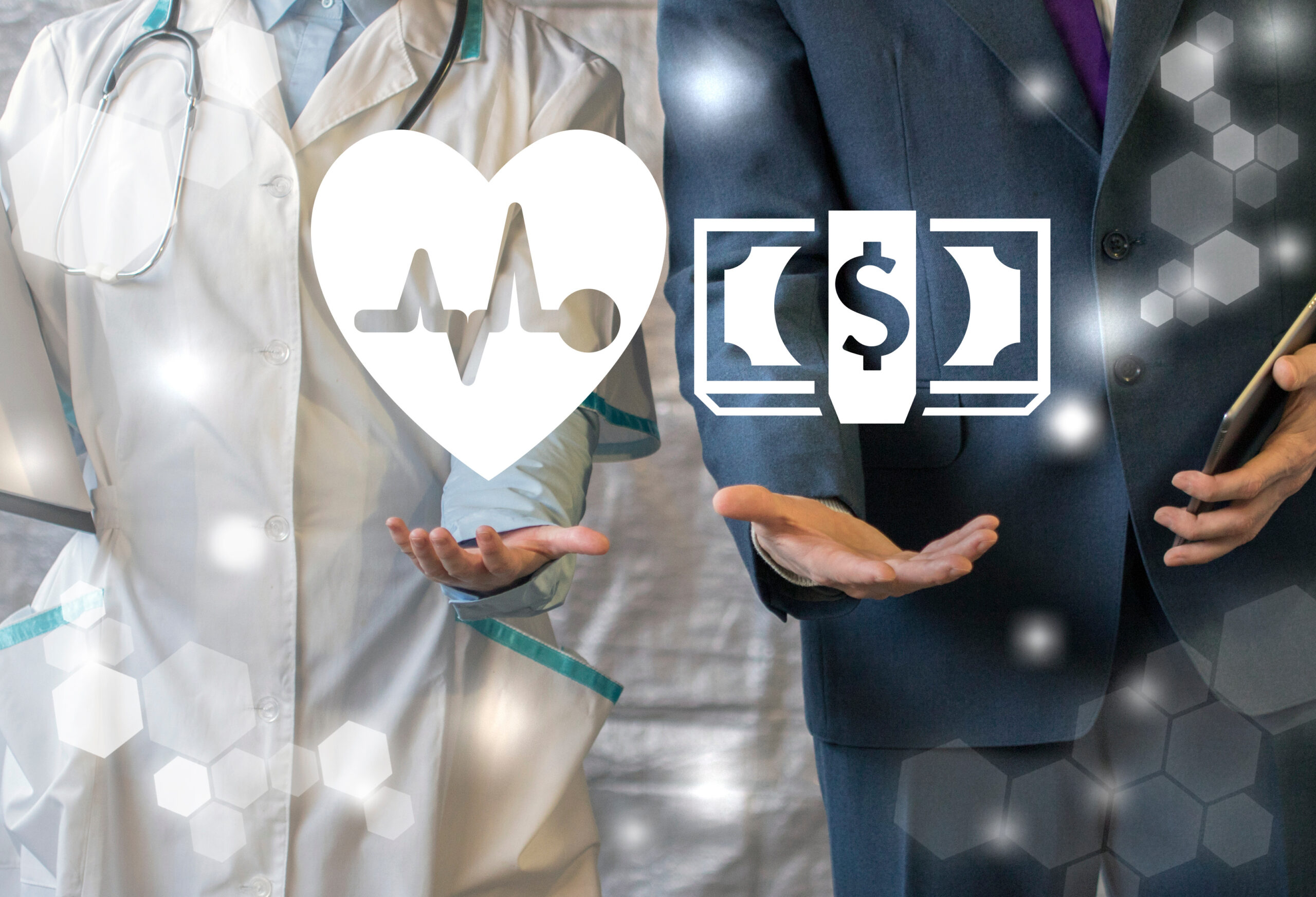 Healthcare business investment concept. Doctor suggests patient care, businessman suggests money